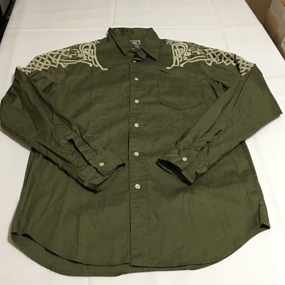 Lucky Brand Long Sleeve Button Shirt Mens Medium Green Embroidered Shoulder